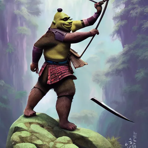 Prompt: an anthropomorphic shrek samurai standing heroically on a rock holding a sword in his hand. Adventurous, new adventure, forest, rocks, stream, ripples, tribal armor, female, slender, athletic, panda panda panda, female, atmospheric lighting, stunning, brave. By Makoto Shinkai, Stanley Artgerm Lau, WLOP, Rossdraws, James Jean, Andrei Riabovitchev, Marc Simonetti, krenz cushart, Sakimichan, D&D trending on ArtStation, digital art.