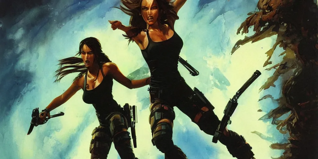 Image similar to an extremely aggressive android Lara Croft, glowing long hair, thunder clouds, painted by Peter Andrew Jones