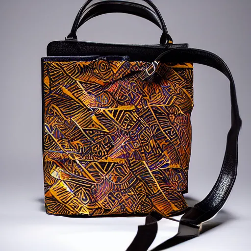 Prompt: futuristic handbag with batik pattern, studio lighting, showcase