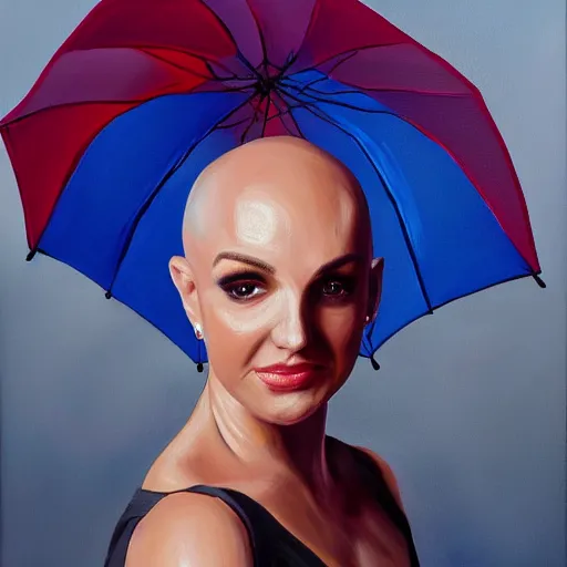 Image similar to oil painting of bald britney about to attack you with an umbrella