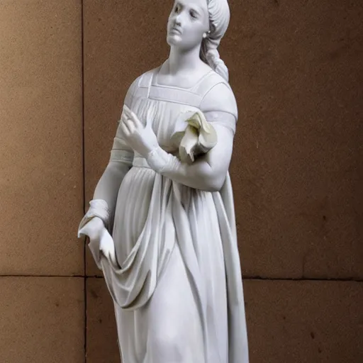 Prompt: a statue of a woman in a white dress, a marble sculpture by luca della robbia, cgsociety, new sculpture, marble sculpture, made of plastic, da vinci