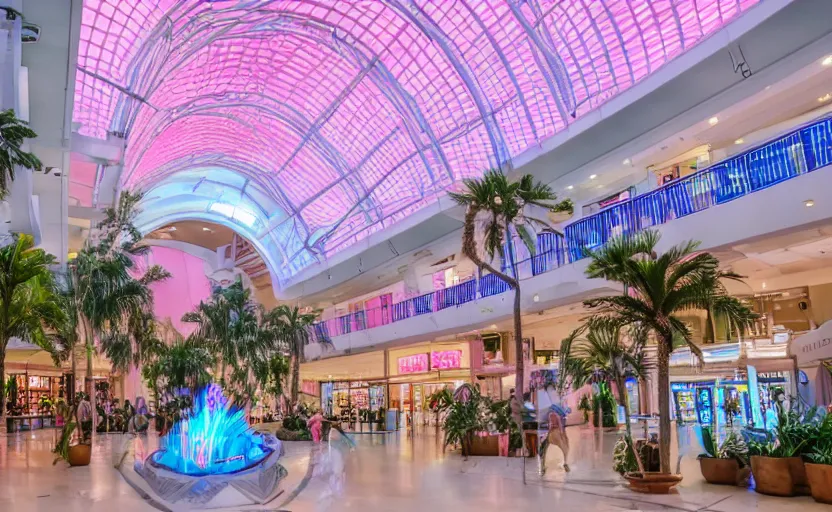 Image similar to an indoor mall with palm trees and pools, pink and blue lighting, everything floats in space