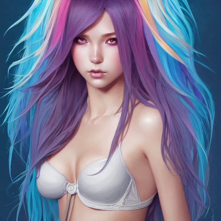 Image similar to portrait of beautiful symmetrical anime girl, rainbow hair, attractive, casual, modern, victoria's secret, highly detailed, digital painting, artstation, concept art, smooth, sharp focus, illustration, art by moebius artgerm, greg rutkowski and alphonse mucha, 8 k,