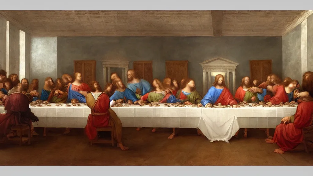 Image similar to Trump staffers dinner at the White House painted by Leonardo Da Vinci in the style of The Last Supper , concept art, oil painting, 8k, highly detailed, artstation