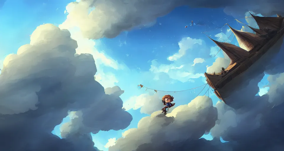 Image similar to a boy being thrown off of a large wooden fantasy sky - ship flying through the clouds with blue sky, andreas rocha style