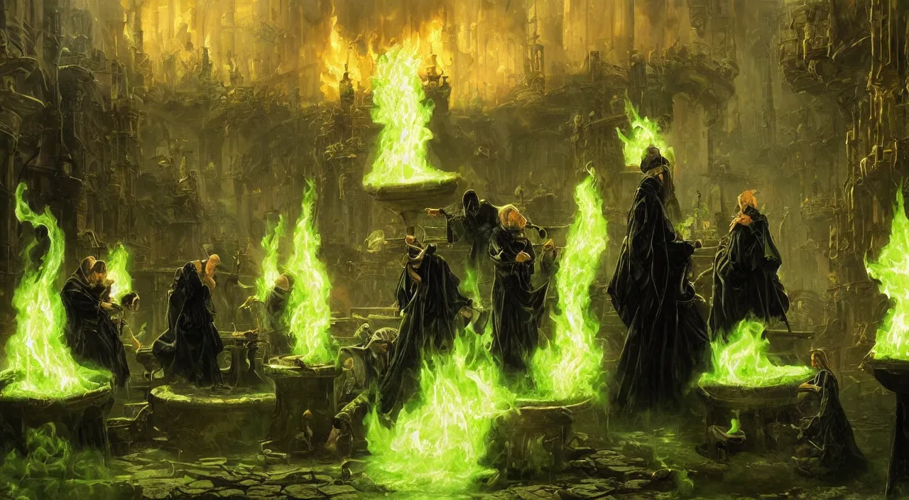 Prompt: A highly detailed oil painting by Greg Rutkowski of a group of sorcerers wearing black robes making a potion in a huge bubbling cauldron glowing bright green, with lots of fire coming from it, highly detailed fantasy concept artwork, very realistic, green and black color scheme, graffiti.