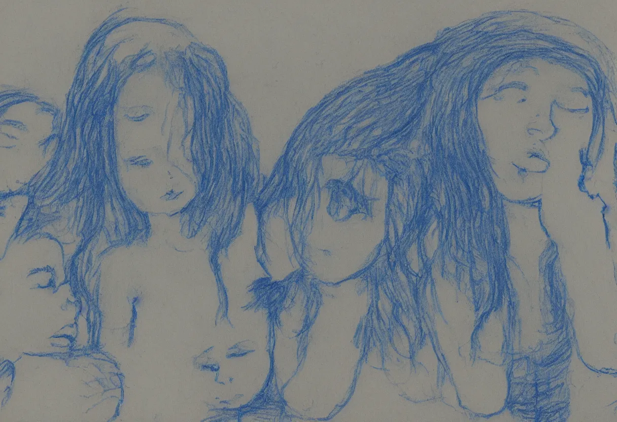 Prompt: a blue drawing of 3 maria's in a landscape crying