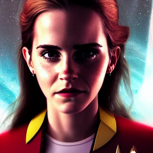 Image similar to a full body portrait of emma watson as a star fleet officer from star trek next generation, ultra rendered extreme realism and detail, 8 k, highly detailed, realistic, completely framed, hyper realistic, colorful, direct lighting, 3 5 mm photo, photorealistic, sharp focus