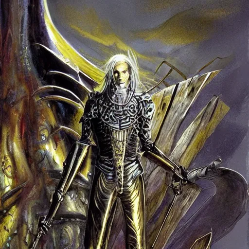 Image similar to elric of melnibone, silver and gold armor, in a metal forests, art by jeff catherine jones