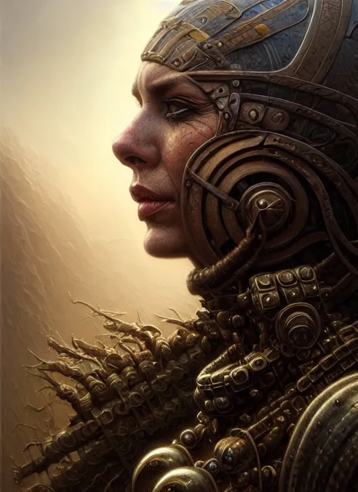 Image similar to closeup portrait shot of a warrior in a scenic dystopian environment, intricate, elegant, highly detailed, centered, digital painting, artstation, concept art, smooth, sharp focus, illustration, artgerm, tomasz alen kopera, peter mohrbacher, donato giancola, joseph christian leyendecker, wlop, boris vallejo