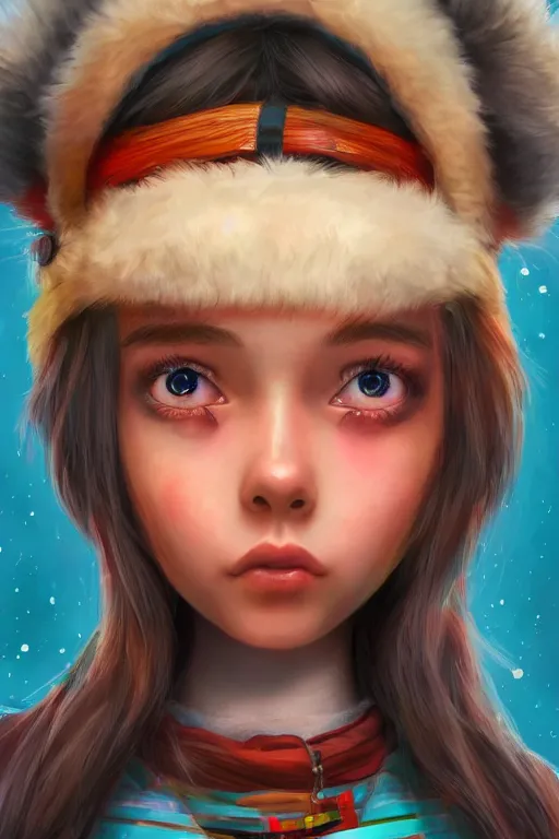 Image similar to cute eskimo girl, vivid colors, high details, cinematic, 8k resolution, beautiful detailed, photorealistic, digital painting, artstation, concept art, smooth, sharp focus, illustration, fantasy background, artstation trending, octane render, unreal engine