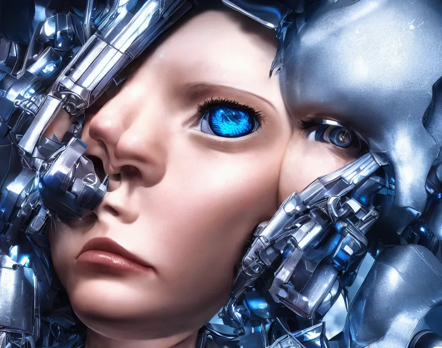 Image similar to detached head of a cyborg girl hanging from the ceiling, cyberpunk, realistic detailed mechanical parts, blue eyes, beautiful face, beautiful texture, beautiful graphics, fantasy artwork, very beautiful scenery, hd, hdr, ue 5, ue 6, unreal engine 5, cinematic 4 k wallpaper, 8 k, ultra detailed