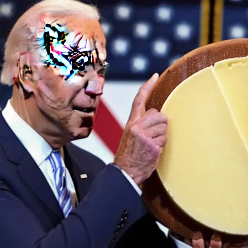 Image similar to joe biden eating a large wheel of cheese,