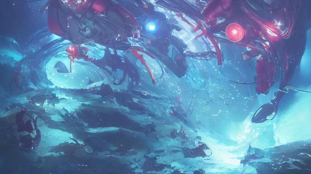 Image similar to i watch with joy the marvellous bioluminescent creature that live in the depth from the sea from the bay of a futuristic submarine, dramatic lighting, dynamic lighting, cinematic lighting, by makoto makoto, krenz cushart and artgerm, anime, featured on artstation, ultrawide angle