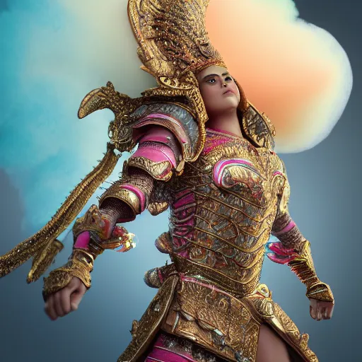 Image similar to a majestic soman wearing an intricate and detailed armor made of candy floss. layers. textures. delicate. elaborate. studio portrait. photorealistic. octane render