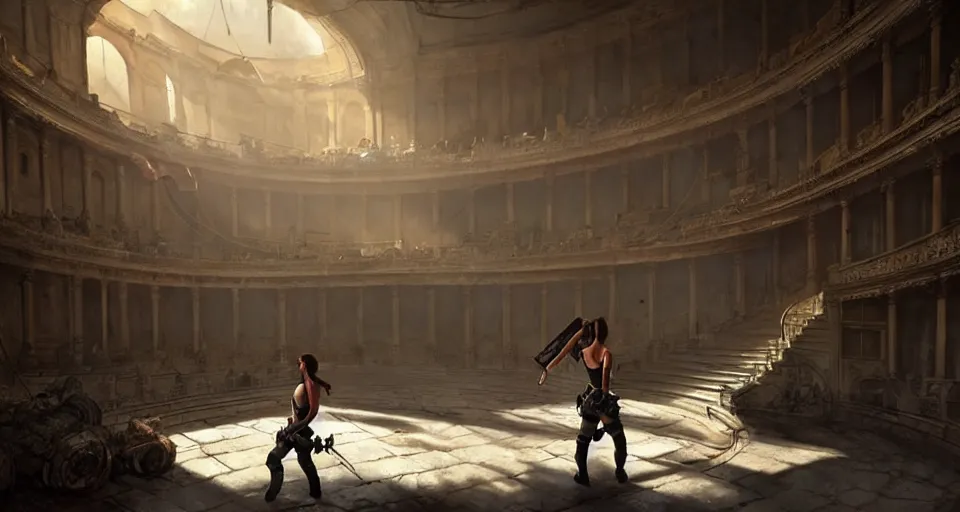 Image similar to lara croft exploring an italian opera house with numerous musclebound goons patrolling the area, by wlop and greg rutkowski, extremely detailed shading, concept art, digital painting, trending on artstation, unreal engine 5, octane render, atmosphere, lens flare, glow, cinematic lighting, full of color