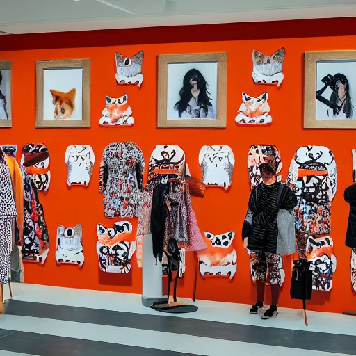 Image similar to a shopping mall picture outside of a fox-themed clothing store vendor, designed after foxes, Fox design patterns on the orange wall, realistic photo
