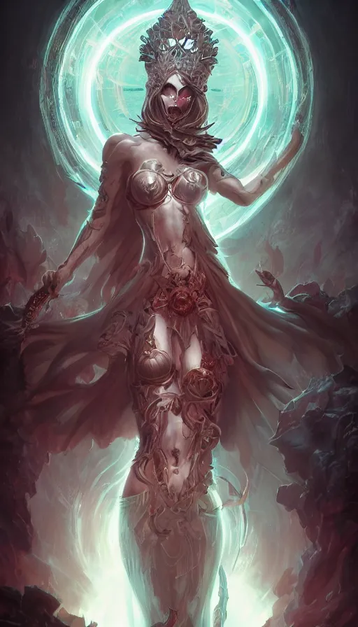 Image similar to goddess of death in the style of nekro, artgerm, wlop, glowing halo, octane render, peter mohrbacher