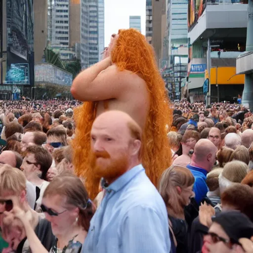 Prompt: a 3 0 foot tall, ginger, balding man walking among the crowd