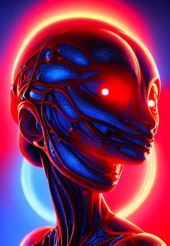 Image similar to ultra realist intricate detailed painting of a single attractive alien female, red sky, red and blue lighting, full body, curvy, black scales and cyborg tech, symmetry accurate features, very intricate details, focus, 8k render, artstyle Hiraku Tanaka, award winning