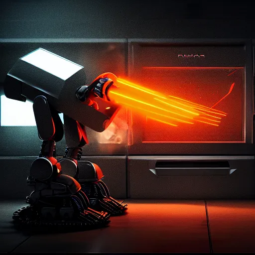 Image similar to toaster oven robot, mechanical, machine, octane render, sharp focus, hyper - realistic, intricate, detailed, eduard pronin, luka mivsek, ruan jia, dark messy smoke - filled cluttered workshop, dark, dramatic lighting, orange tint, sparks, cinematic, highly detailed, sci - fi, futuristic, movie still