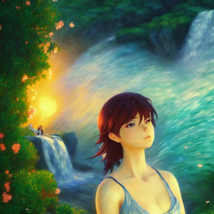 Image similar to an epic makoto shinkai and renoir surreal landscape of a woman's hair mixed with a waterfall, 🌺, golden hour, ultra smooth, lois van baarle, ilya kuvshinov, unreal engine, blender, trending on artstation, suntur, caleb worcester, highly detailed, photorealism, bloom effect 8 k