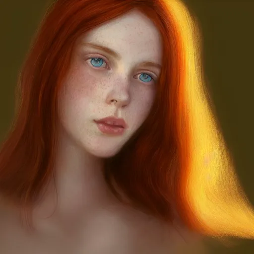 Image similar to portrait of a red haired girl, long hair, green eyes, hint of freckles, beautiful round face, soft amazed smiles, among golden fireflies, highly detailed, deep focus, elegant, digital painting, smooth, sharp focus, golden ratio, illustration, ultra realistic, 8 k, art by vittorio reggianini