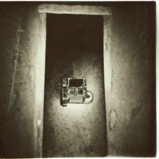 Image similar to dark room with a monster peering out of a trap door in the floor, distuburbing, horror, nightmare, terrifying, surreal, nightmare fuel, old polaroid, blurry, expired film, lost footage, found footage,