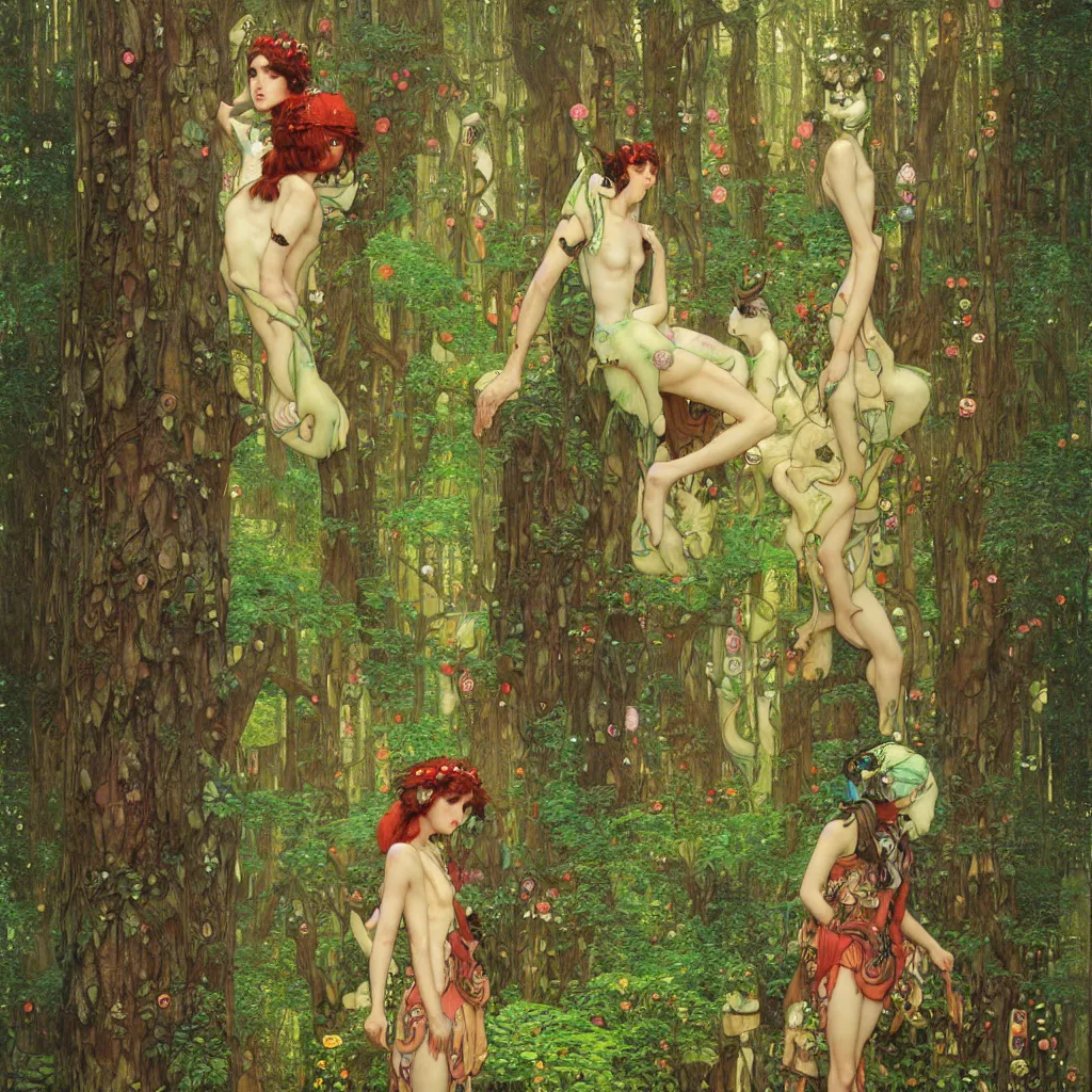 Image similar to Princess Mononoke, lush fairy forest, neon, concept art, schematics, gnarly details painted by gustav klimt, tom bagshaw, norman rockwell, mucha, james gurney, high detail, denoised, sharp, architectural