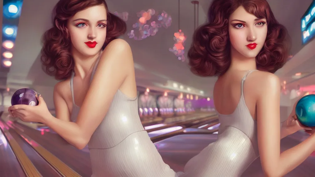 Image similar to art deco bowling alley, cute girl bowling, photo, ultra detail, photoreal, professionally retouched, soft moonlight lighting, shiny plastic miniskirt, realistic, smooth face, goddess, luscious lips, perfect eyes, wide angle, sharp focus on eyes, 8 k high definition, insanely detailed, intricate, elegant, art by artgerm and wlop