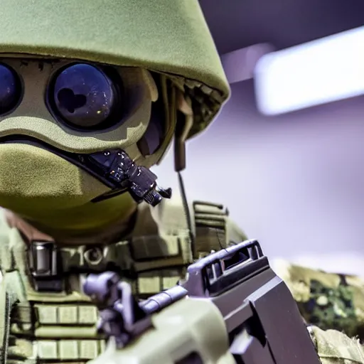 Image similar to a rare military frog equipped with rocket launcher and night vision target acquisition system, photo from defense innovation expo 2 0 2 2