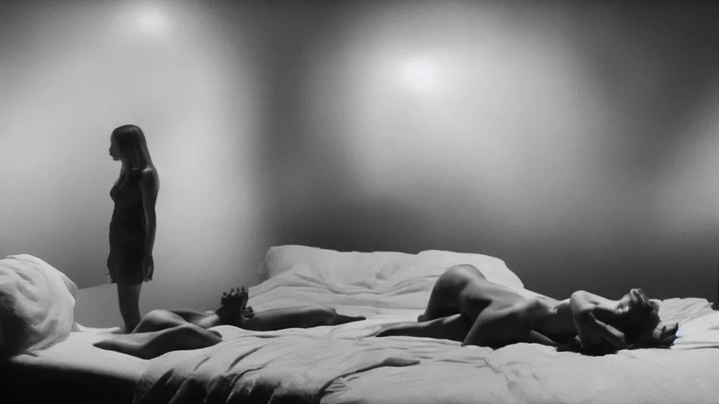 Image similar to movie still of having sleep paralysis, cinematic composition, cinematic light, criterion collection, by david lynch and emanuel lubezki