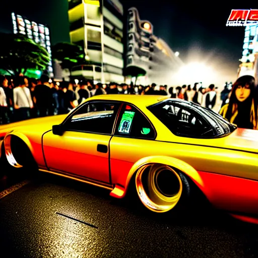 Image similar to a car S30 turbo drift at illegal car meet, shibuya prefecture, midnight mist streetlights, color grade, photorealistic, highly detailed wheels, highly detailed