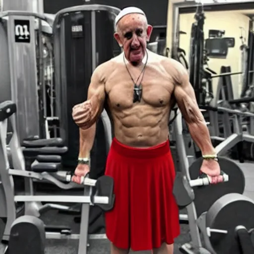 Prompt: a very muscular Pope Francis is flexing in a gym, photorealistic,