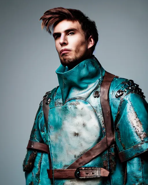 Prompt: an award - winning photo of a male model wearing a baggy teal distressed medieval menswear leather jacket inspired by medieval armour designed by alexander mcqueen, 4 k, studio lighting, wide angle lens