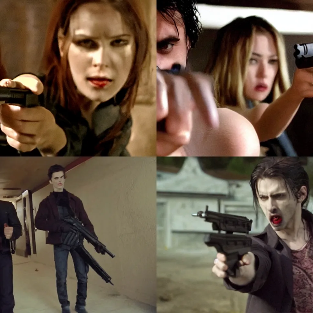 Image similar to Still from Vampires Holding Guns Movie, low quality, heavily downvoted, low budget