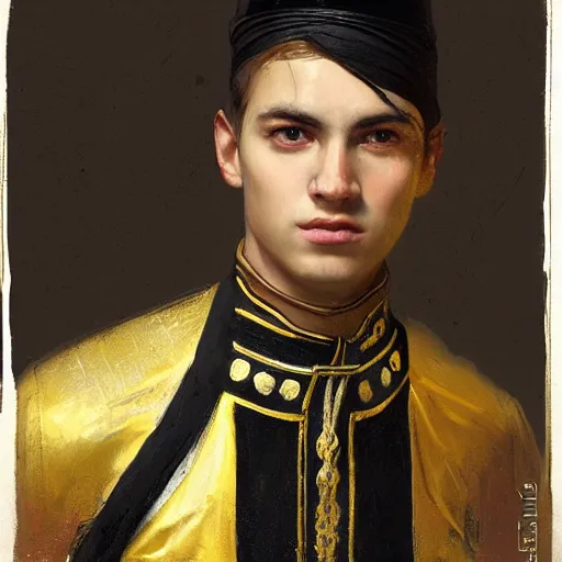 Image similar to Medium closeup young idealistic and pious male Imperial soldier wearing a black tabard with light yellow accents over a gambeson and a {perfect barbut helm}, by Raymond Swanland Greg Rutkowski Lise Deharm, {perfect face}, {perfect eyes}