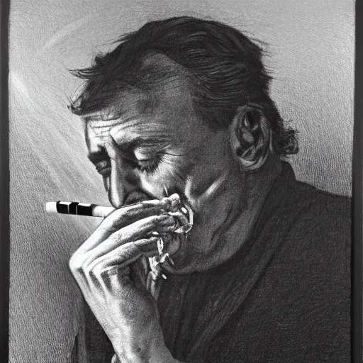 Prompt: middle aged man with hands tied behind back smoking a cigarette in his mouth, black chalk on white background