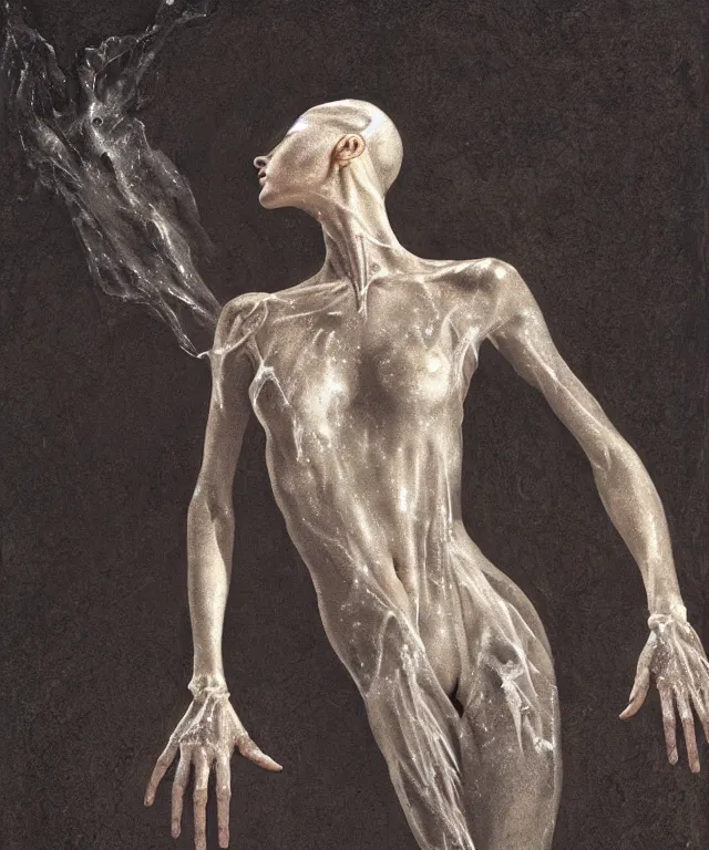 Image similar to Beautiful full-body wax sculpture of glowing transparent woman with visible bones covered with melted white candle wax inside the singularity where stars becoming baroque folds of dark matter by Michelangelo da Caravaggio, Nicola Samori, William Blake, Alex Grey and Beksinski, dramatic volumetric lighting, highly detailed oil painting, 8k, masterpiece