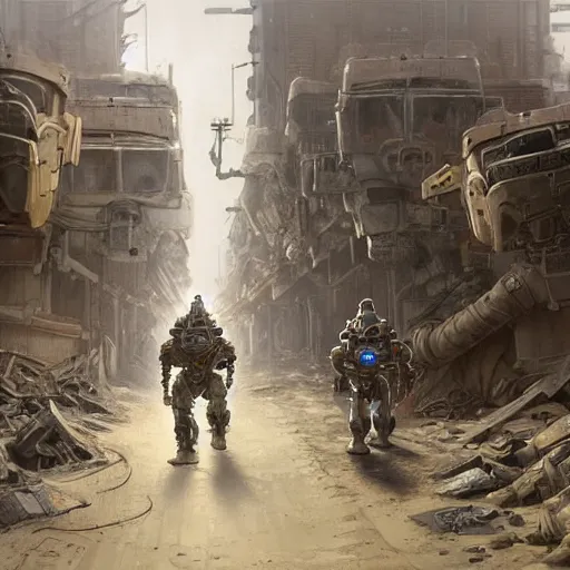 Prompt: two robot ghostbusters in power armor walking in a sand covered street, post apocalyse, ruined subdivision houses, Sci Fi, intricate, elegant, highly detailed, digital painting, artstation, concept art, matte, sharp focus, illustration, art by Greg Rutkowski and Alphonse Mucha