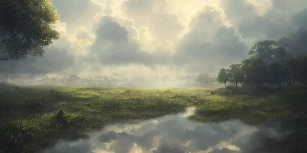 Image similar to utopian scenes, there are thick clouds, breath of the wilderness, broad, pleasant to feel the prairie, highly detailed, volumetric lighting, studio quality, artstation, by kyoto animation