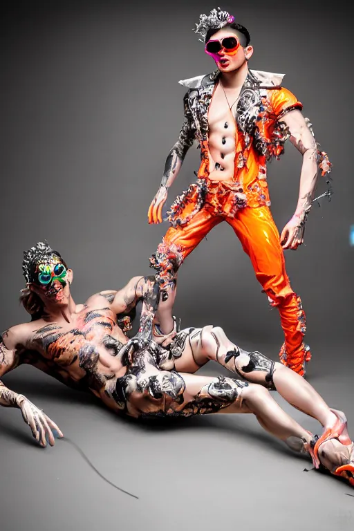 Prompt: full-body rococo and cyberpunk style neon statue of a muscular attractive Sean Mendezz wearing cholo shades macho dotado e rico android sim roupa reclining con las piernas abertas e la piroca dura, ethereal white dripping tar, glowing orange lasers, pink tigers, glowing eyes, silver prince crown, black gears, pink diamonds, swirling mint-colored silk fabric. futuristic elements. full-length view. human skulls. large intricate artwork by caravaggio. Trending on artstation, octane render, cinematic lighting from the right, hyper realism, octane render, 8k, depth of field, 3D