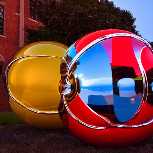 Prompt: chrome spheres on a red cube, blue hour