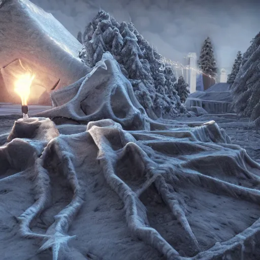 Prompt: ice spikes are summoned from the ground by magic, knights are impaled by ice spikes, octane render, unreal engine