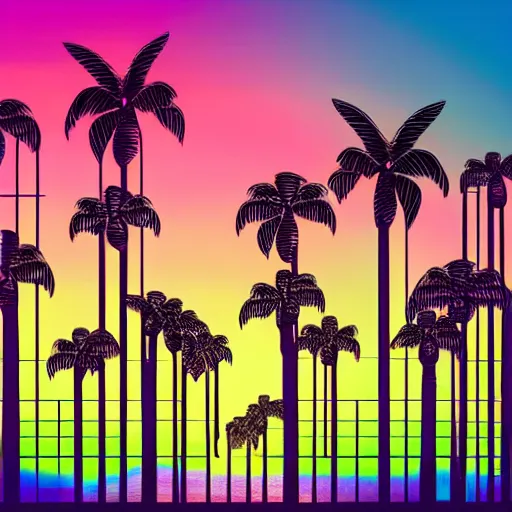 Image similar to retro vaporwave sunset skyline grid palm trees purple and pink bing chilling