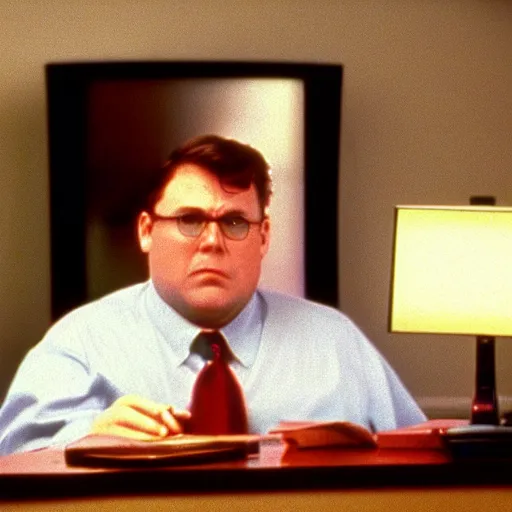 Image similar to clean - shaven chubby white man wearing a shirt and necktie sitting at a desk, 1 9 8 9 movie still, tv scan lines, cinematography, cinematic lighting