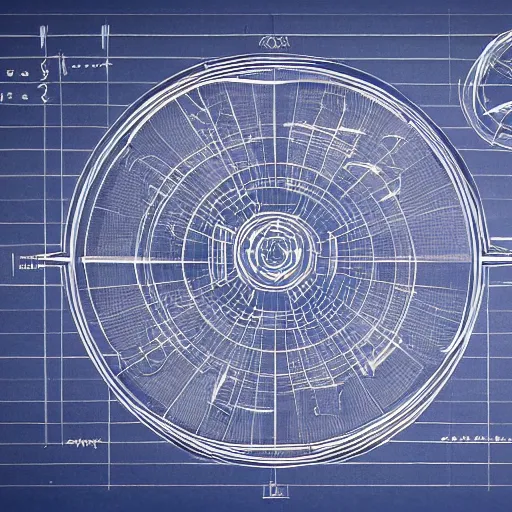 Prompt: blueprint of spaceship, technical drawing on blue paper, intricate detail, centered with clean background, studio lighting, 8 k