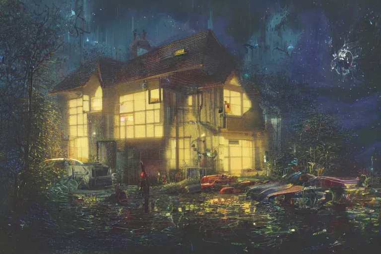 Image similar to cyberpunk, an estate agent listing photo, external view of a 5 bedroom detached countryside house in the UK, by Paul Lehr