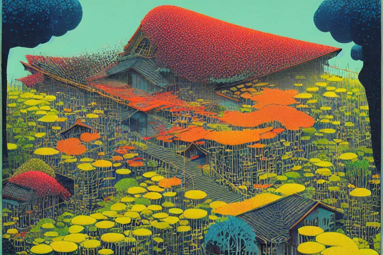 Image similar to surreal glimpse into other universe, house by kengo kuma, summer morning, very coherent and colorful high contrast, art by!!!! gediminas pranckevicius!!!!, geof darrow, floralpunk screen printing woodblock, dark shadows, hard lighting, stipple brush technique,