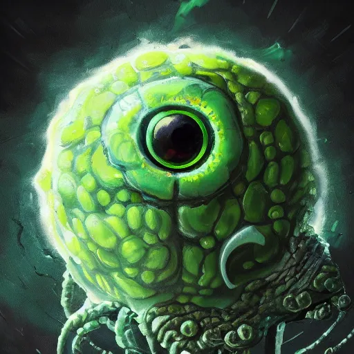 Prompt: a big one - eyed bumpy wrinkly ball sphere green pea, with boney arms and a single yellow eye of sauron, lovecraft, trending on artstation, 4 k, video game art, oil painting